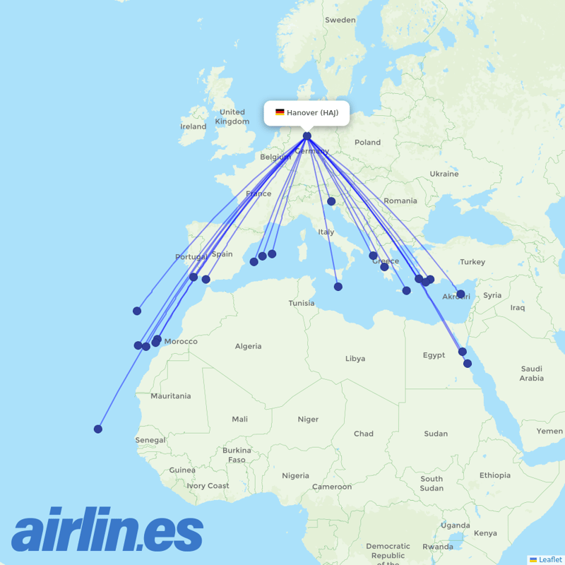 TUIfly from Hannover Airport destination map
