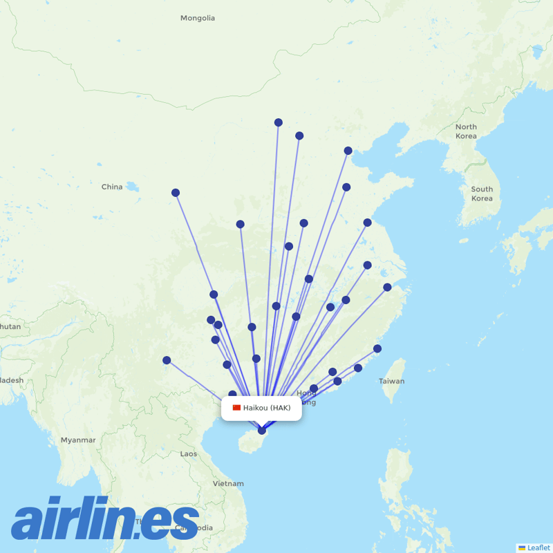 Tianjin Airlines from Haikou Meilan International Airport destination map