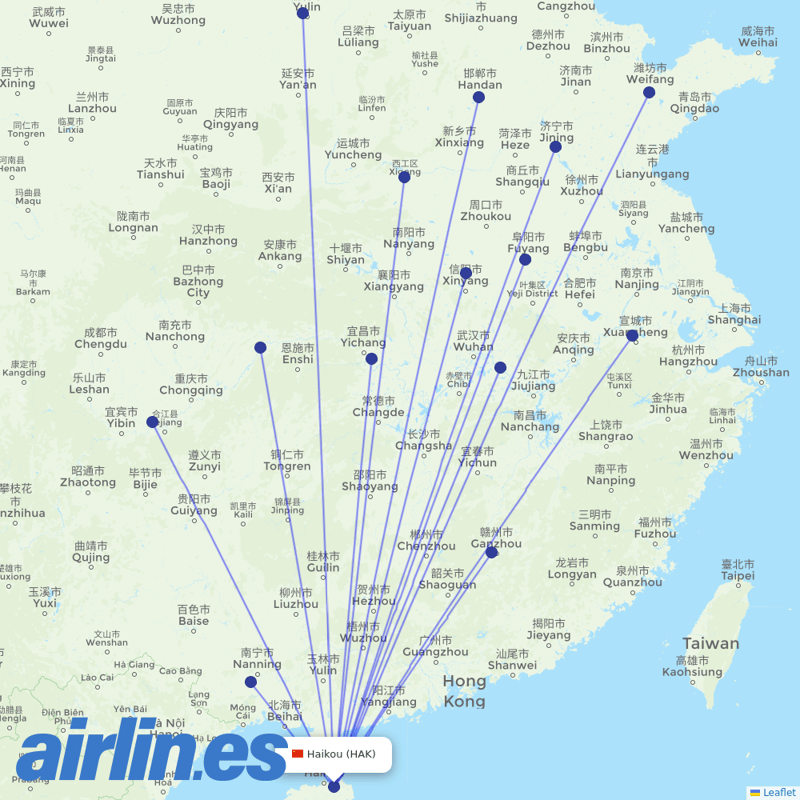 Guangxi Beibu Gulf Airlines from Haikou Meilan International Airport destination map