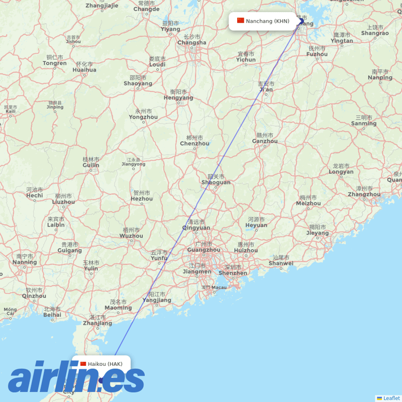 Jiangxi Airlines from Haikou Meilan International Airport destination map