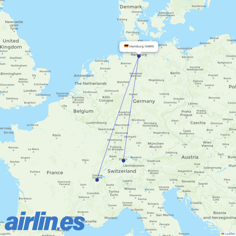 SWISS from Hamburg Airport destination map