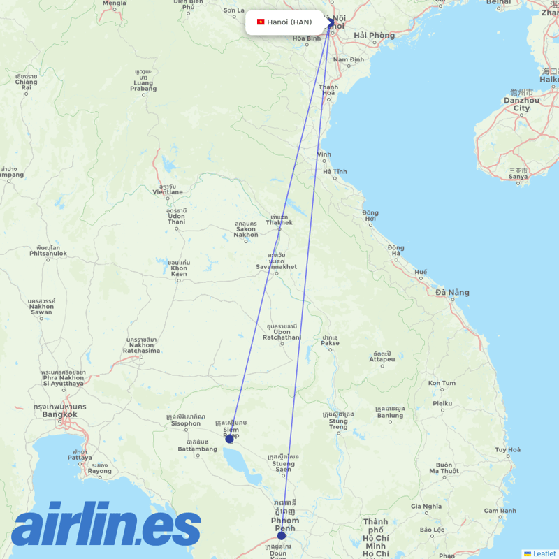 Cambodia Angkor Air from Noibai International destination map