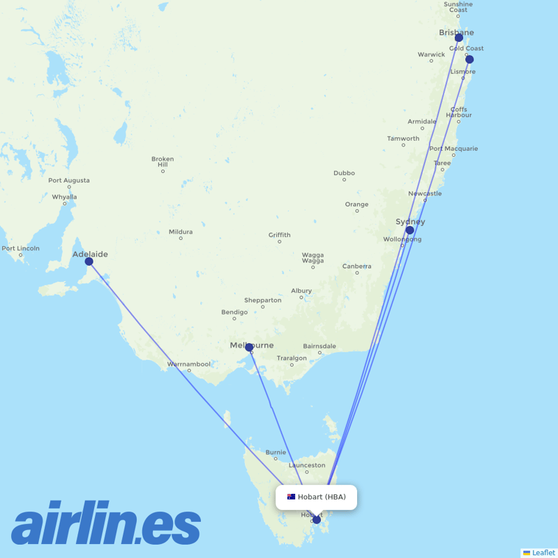 Jetstar from Hobart destination map