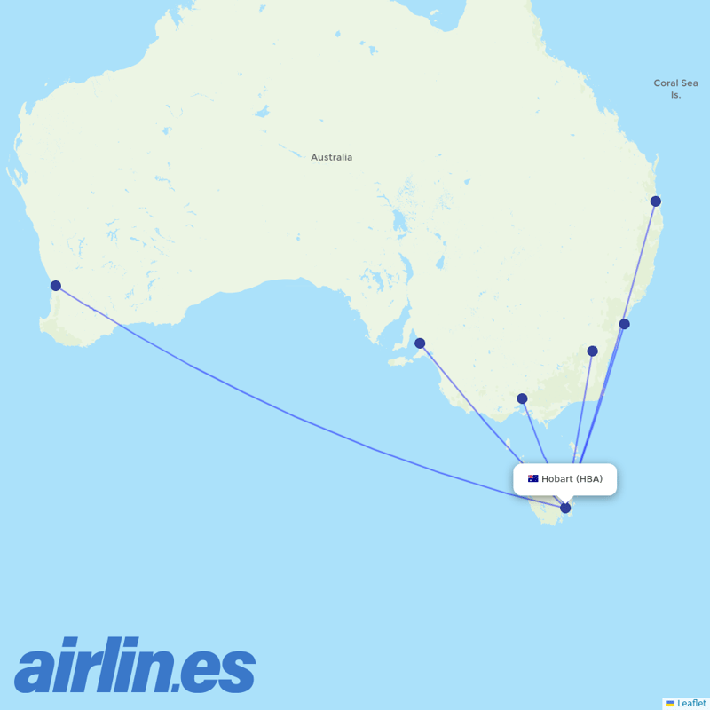 Qantas from Hobart destination map