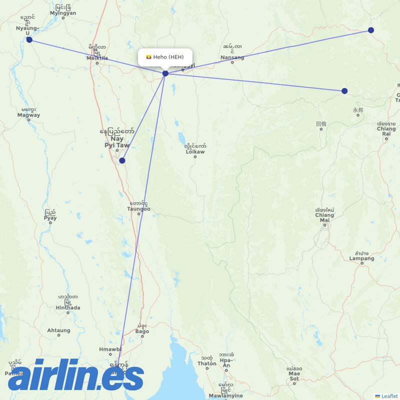 Myanmar National Airlines from Heho destination map