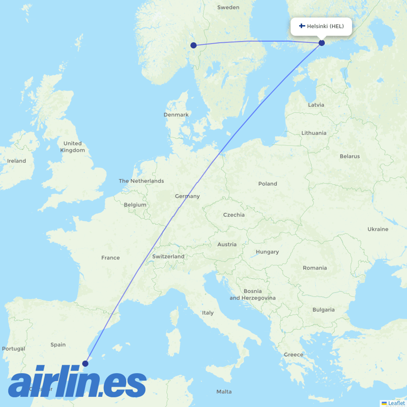 Norwegian Air from Helsinki Airport destination map