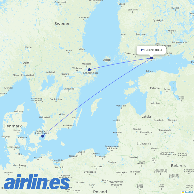 Scandinavian Airlines from Helsinki Airport destination map