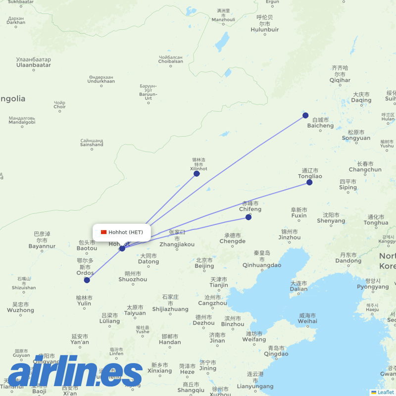 Genghis Khan Airlines from Hohhot Baita International Airport destination map