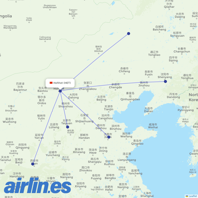 Ruili Airlines from Hohhot Baita International Airport destination map