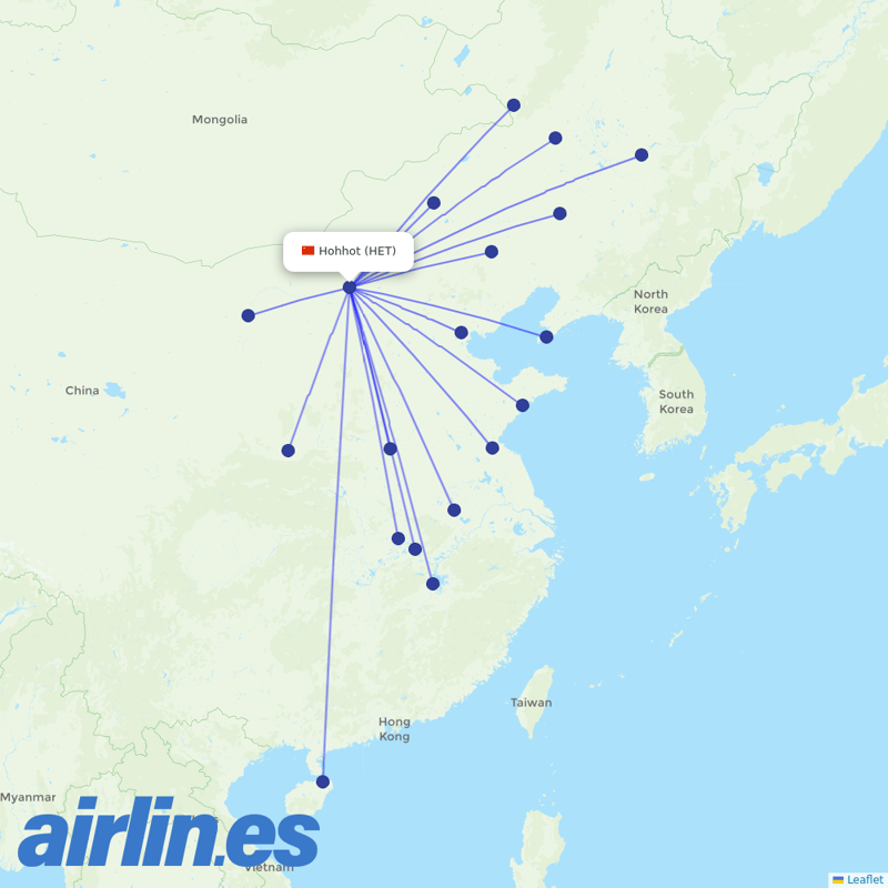 Tianjin Airlines from Hohhot Baita International Airport destination map