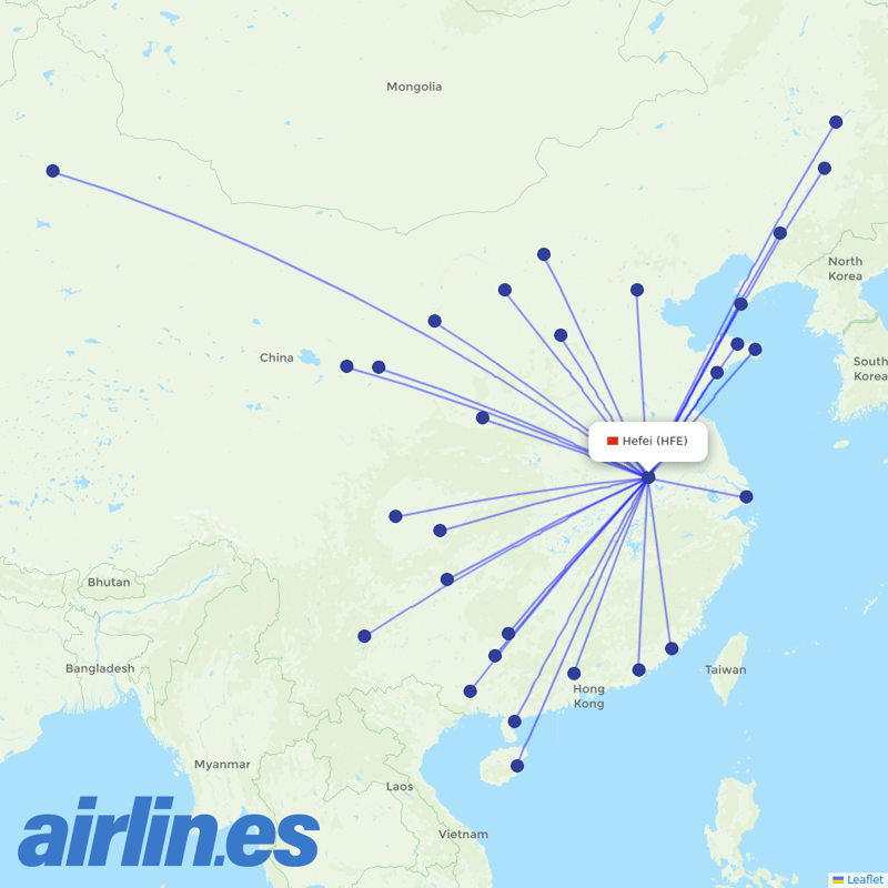 China Eastern Airlines from Hefei Xinqiao Airport destination map