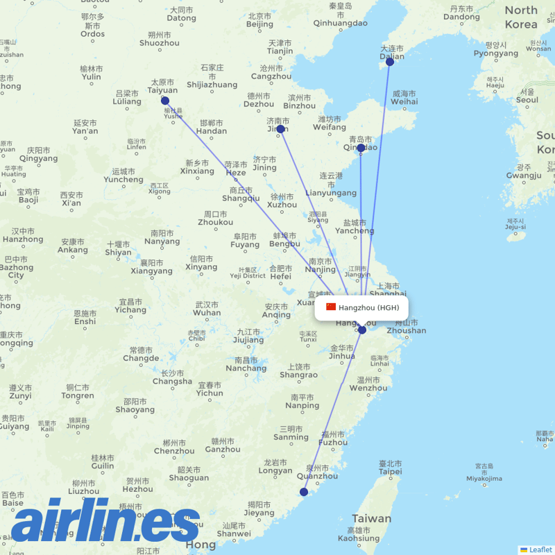 Shandong Airlines from Hangzhou Xiaoshan International Airport destination map