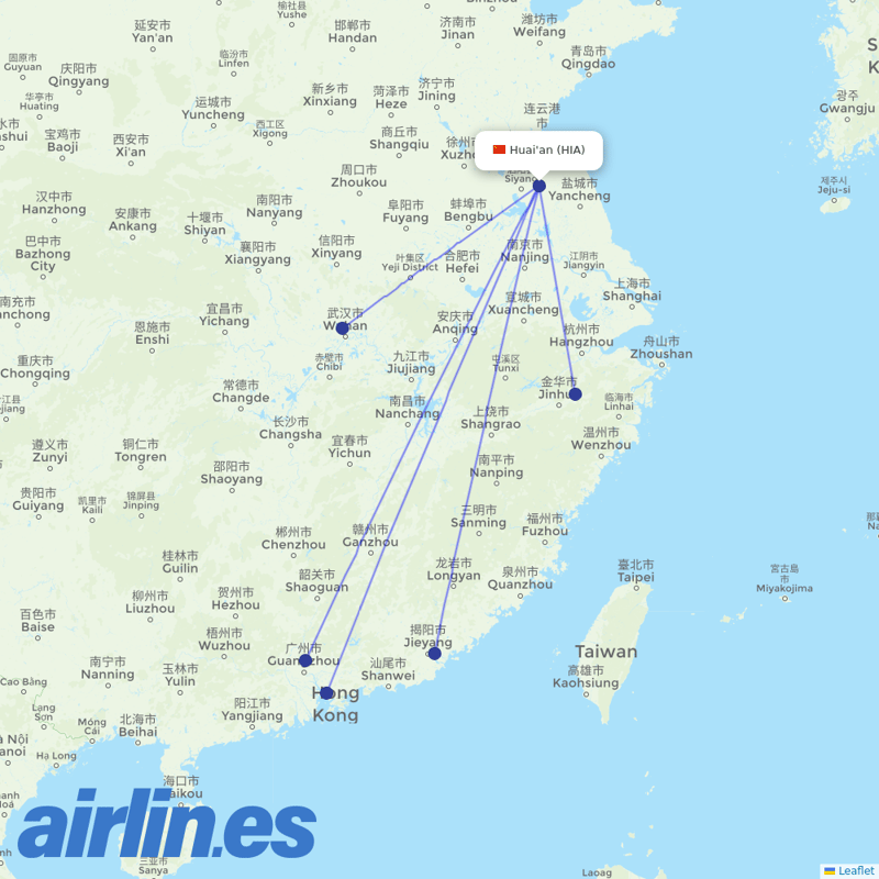 China Southern Airlines from Huai'an Lianshui Airport destination map