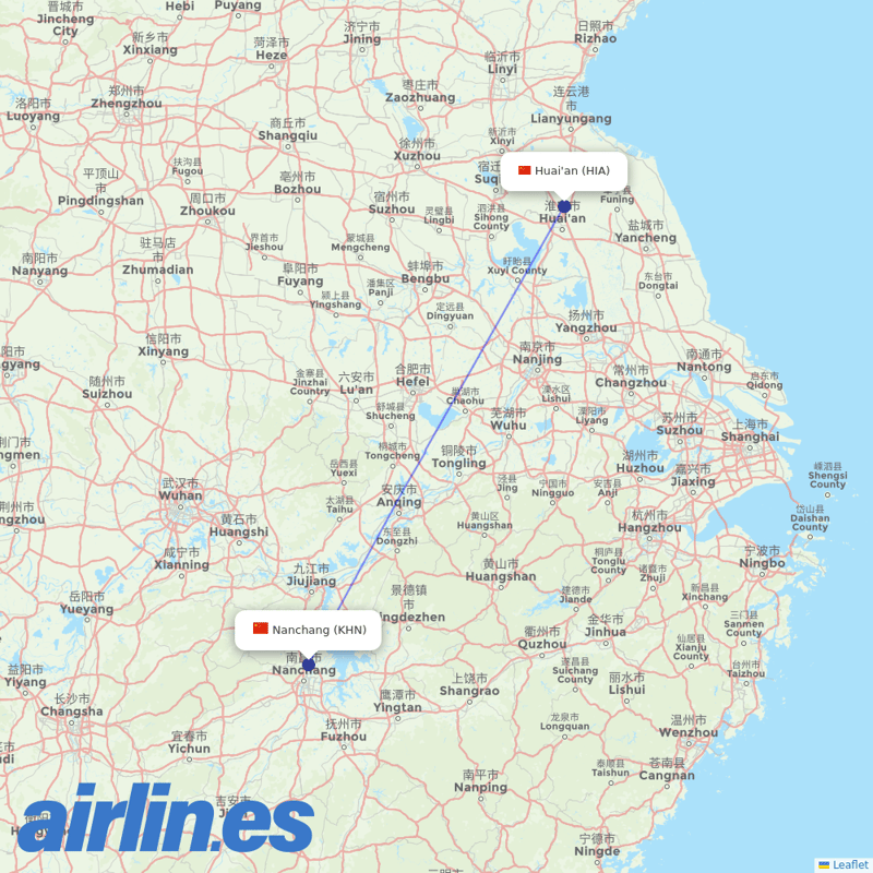 Jiangxi Airlines from Huai'an Lianshui Airport destination map