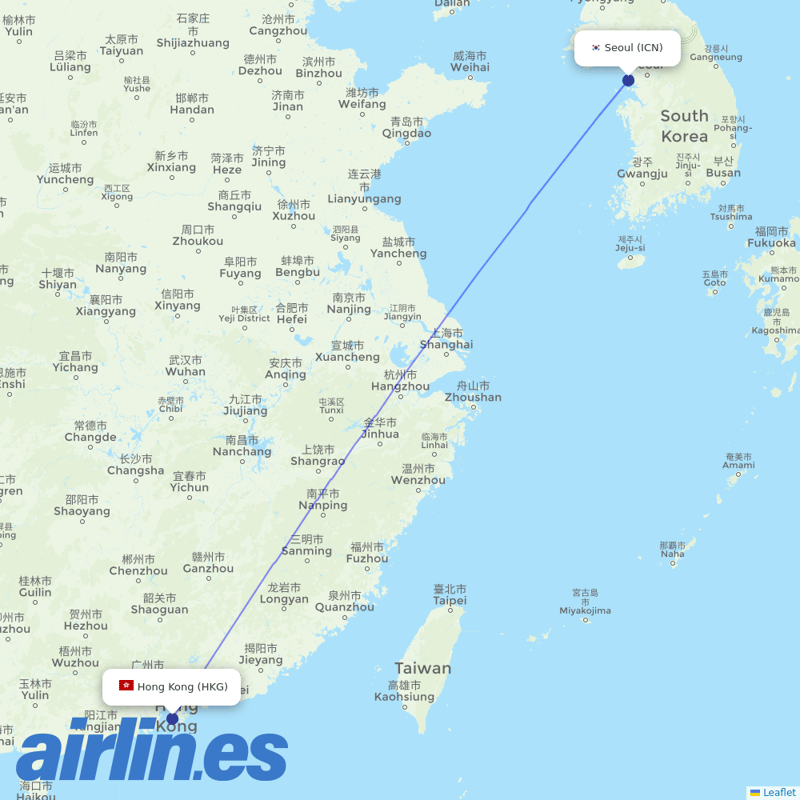 Korean Air from Hong Kong International Airport destination map