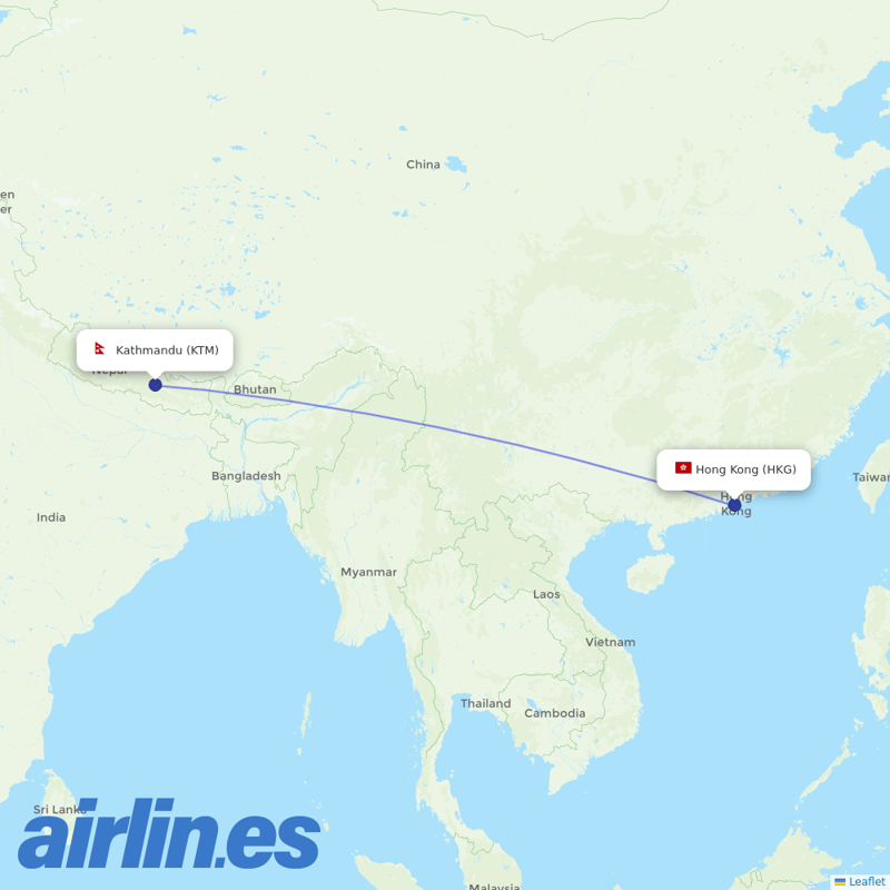 Nepal Airlines from Hong Kong International Airport destination map