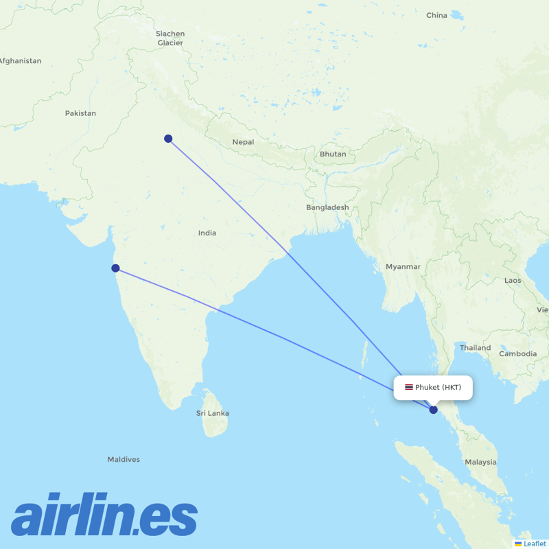 IndiGo from Phuket International Airport destination map