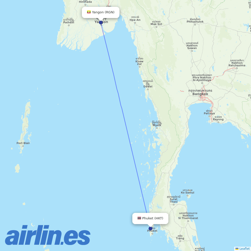 Myanmar Airways International from Phuket International Airport destination map