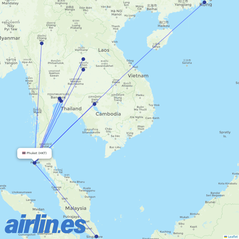 Thai AirAsia from Phuket International Airport destination map