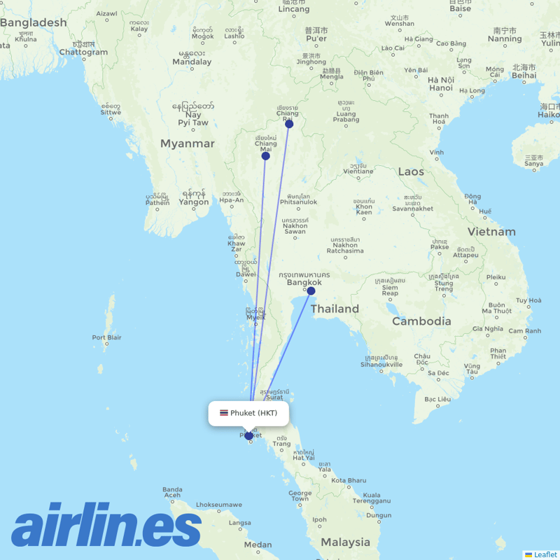 Thai Vietjet Air from Phuket International Airport destination map