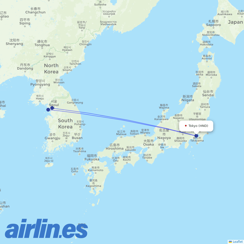 Korean Air from Tokyo International Airport destination map