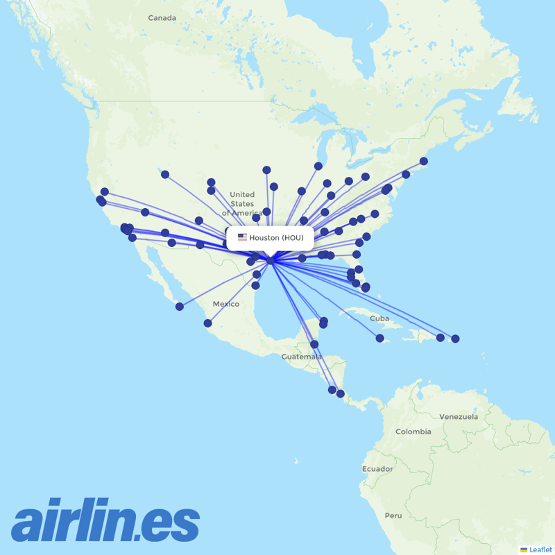 Southwest Airlines from William P. Hobby Airport destination map