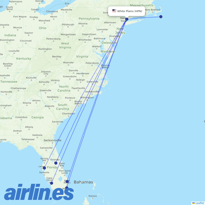 JetBlue Airways from Westchester Co destination map