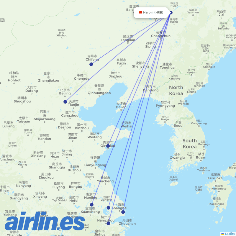 Juneyao Airlines from Taiping Airport destination map
