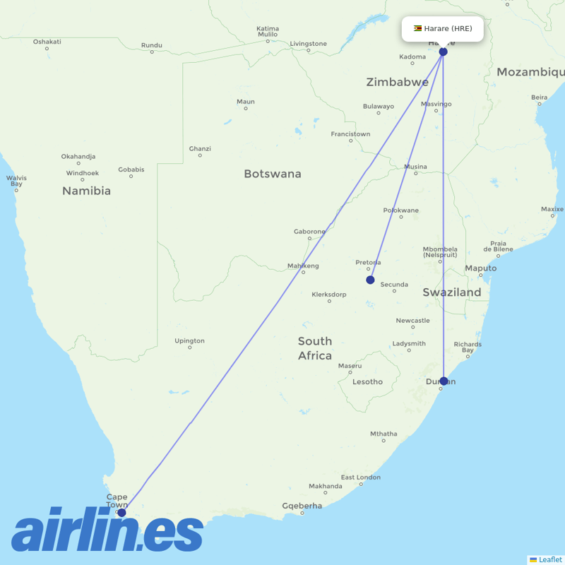 Airlink (South Africa) from Harare International destination map