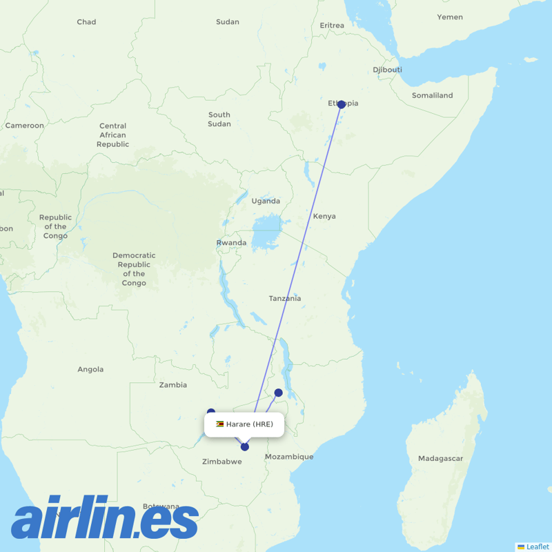 Ethiopian Airlines from Harare International destination map