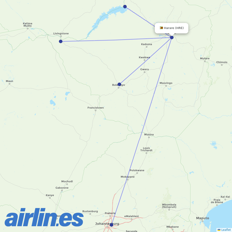 Fastjet from Harare International destination map