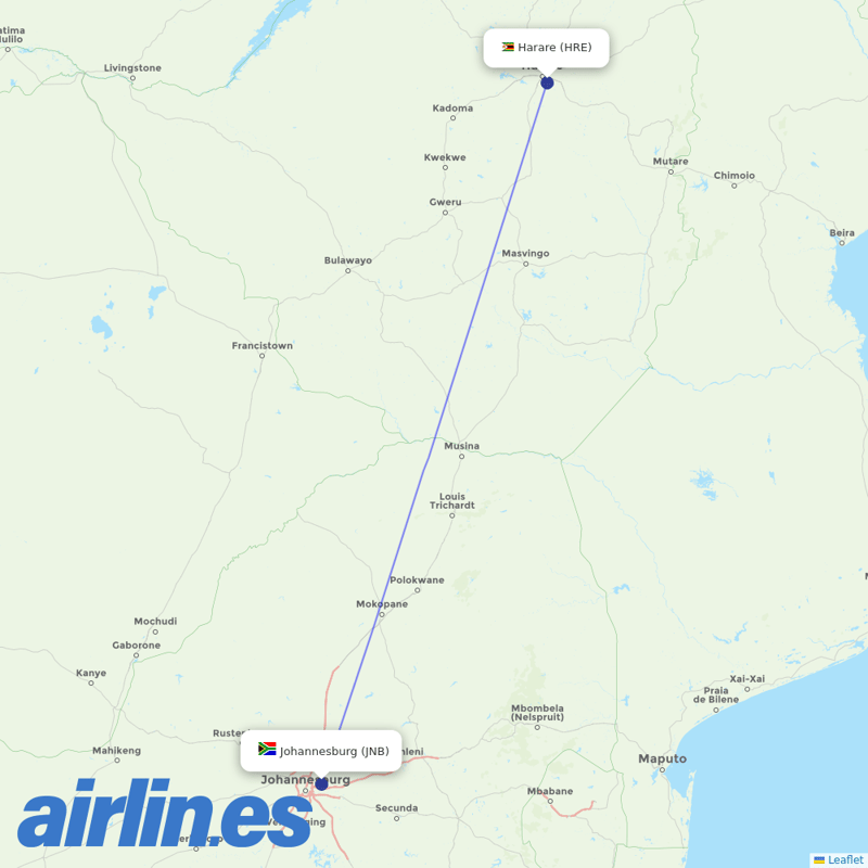 South African Airways from Harare International destination map