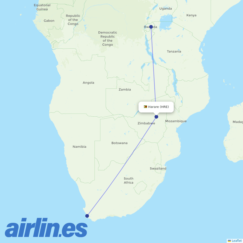 RwandAir from Harare International destination map