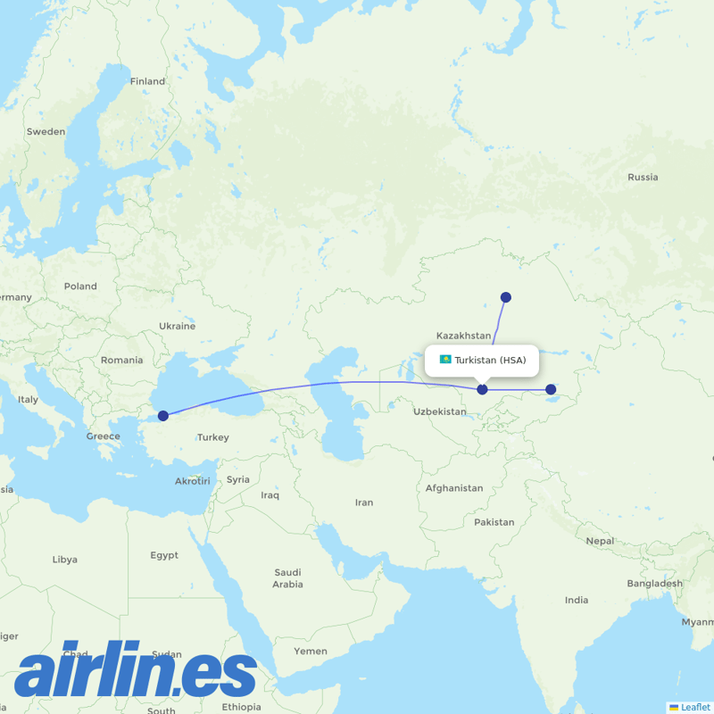 Air Astana from Turkistan International Airport destination map