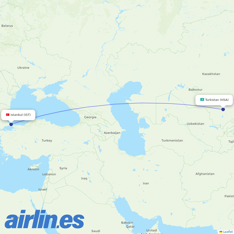 Turkish Airlines from Turkistan International Airport destination map