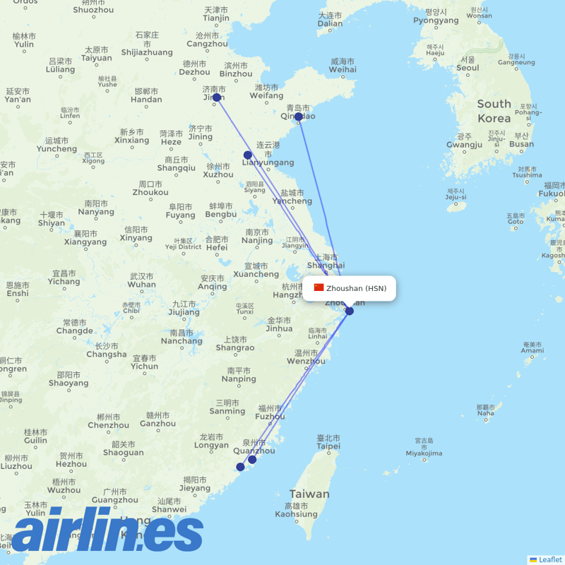 Shandong Airlines from Zhoushan destination map