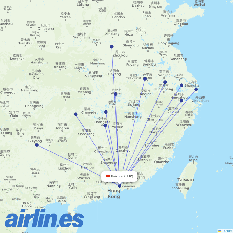 Juneyao Airlines from Huizhou destination map