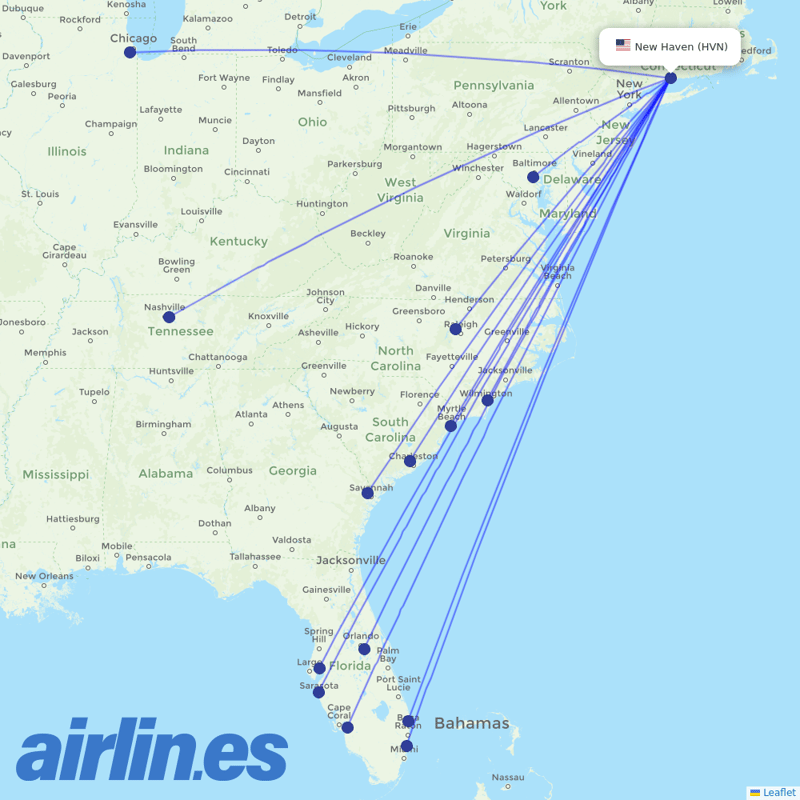 Xtra Airways from Tweed-New Haven Airport destination map