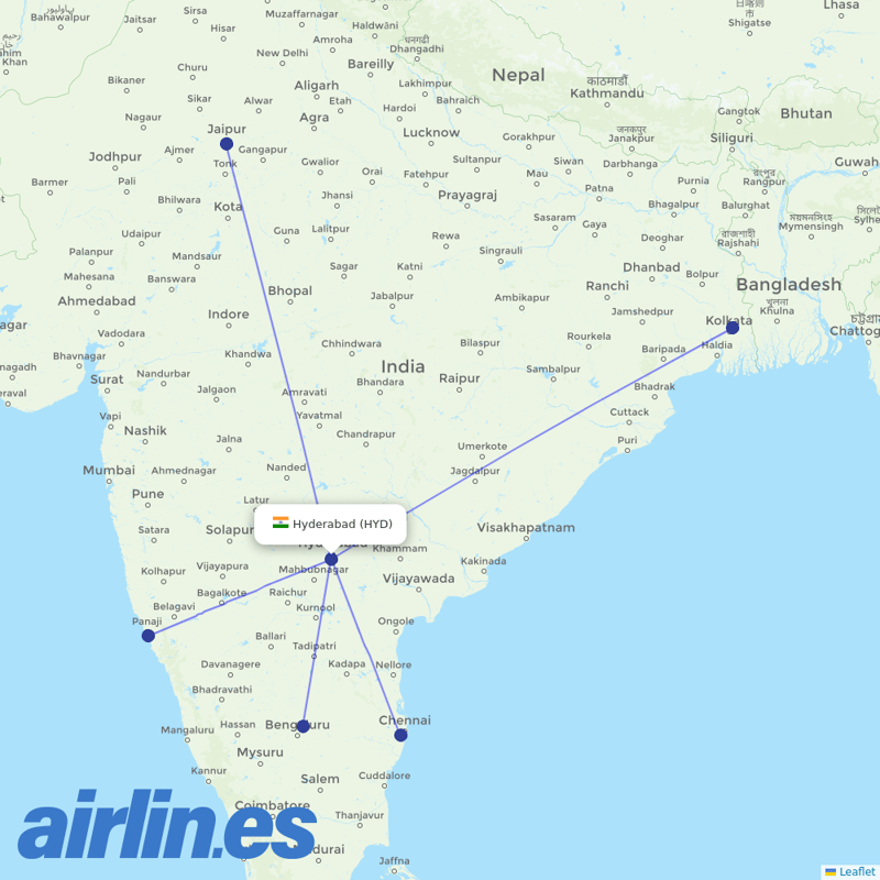 AirAsia India from Rajiv Gandhi International Airport destination map