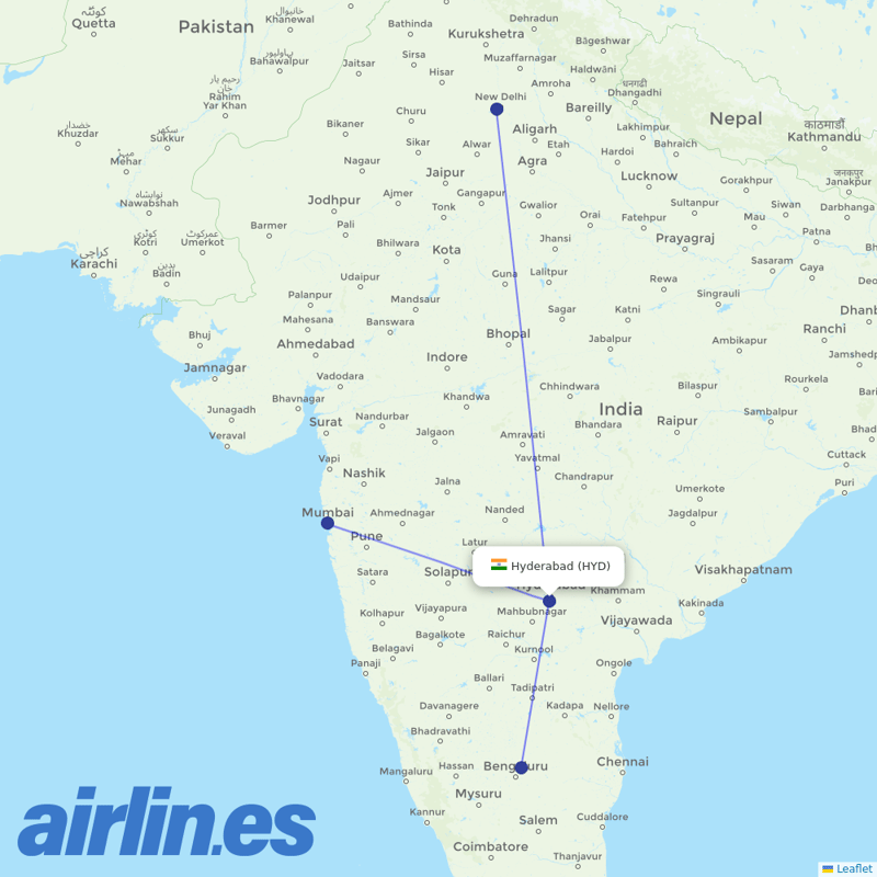 Vistara from Rajiv Gandhi International Airport destination map