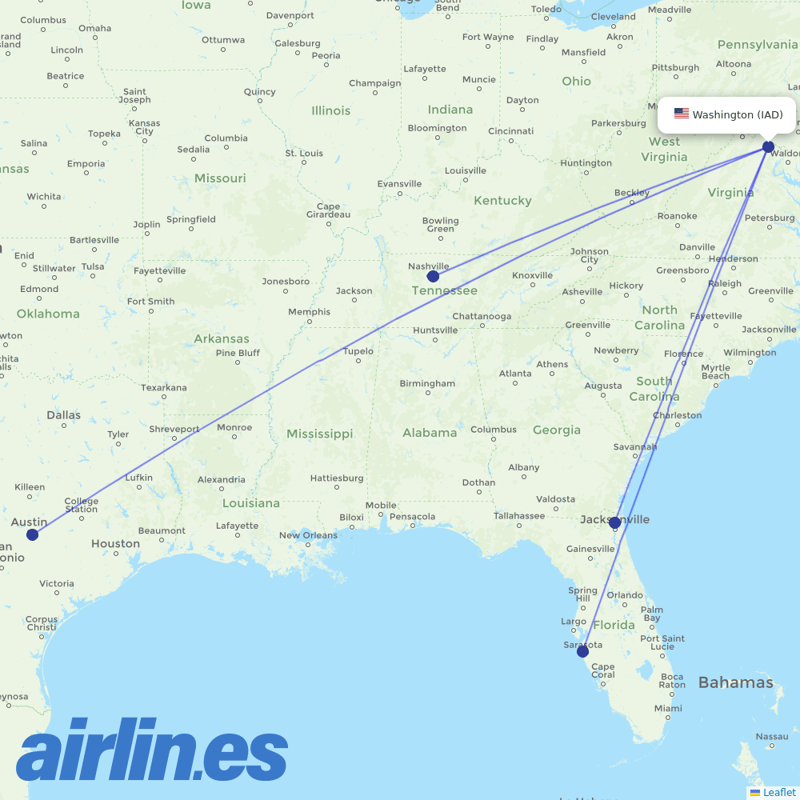 Allegiant Air from Washington Dulles International destination map