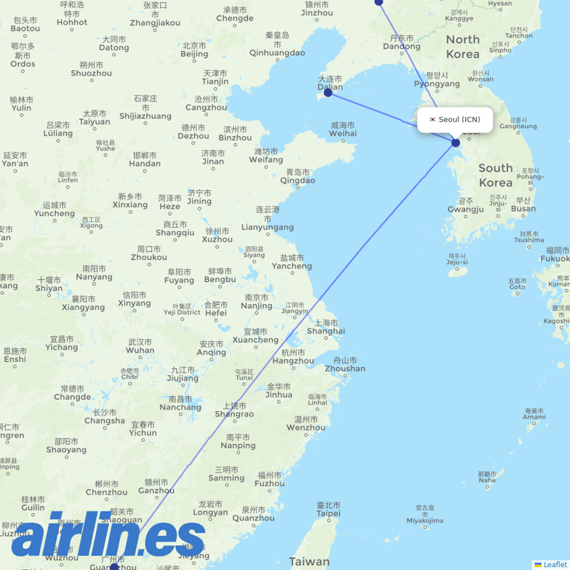 China Southern Airlines from Incheon Intl destination map