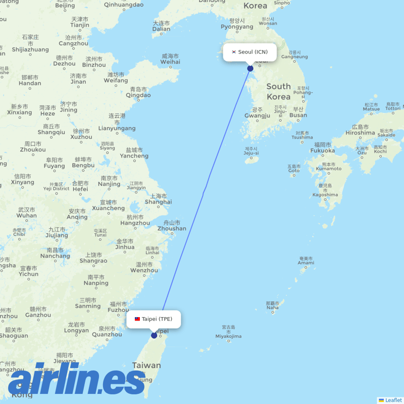 Tigerair Taiwan from Incheon Intl destination map