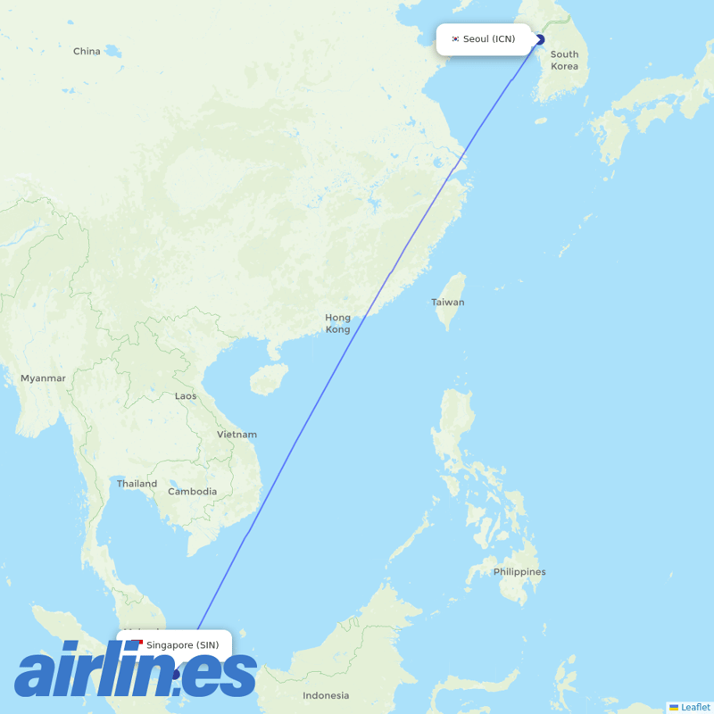 Singapore Airlines from Incheon Intl destination map