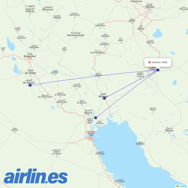 Iran Aseman Airlines from Esfahan Shahid Beheshti Intl destination map