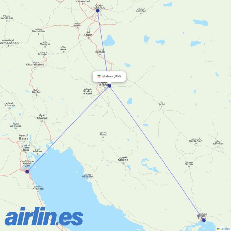 Iran Air from Esfahan Shahid Beheshti Intl destination map
