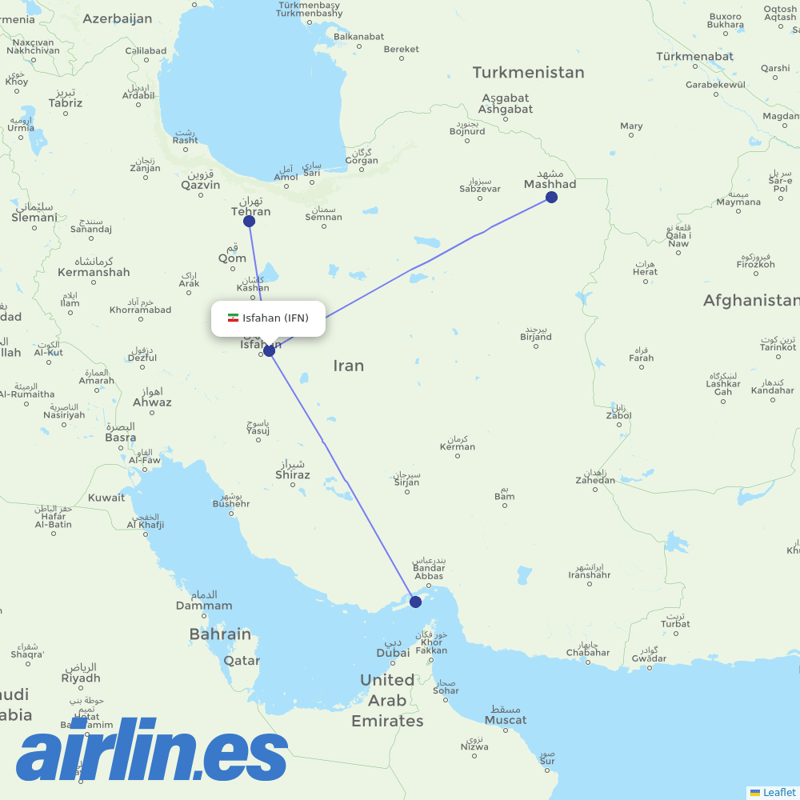Qeshm Air from Esfahan Shahid Beheshti Intl destination map