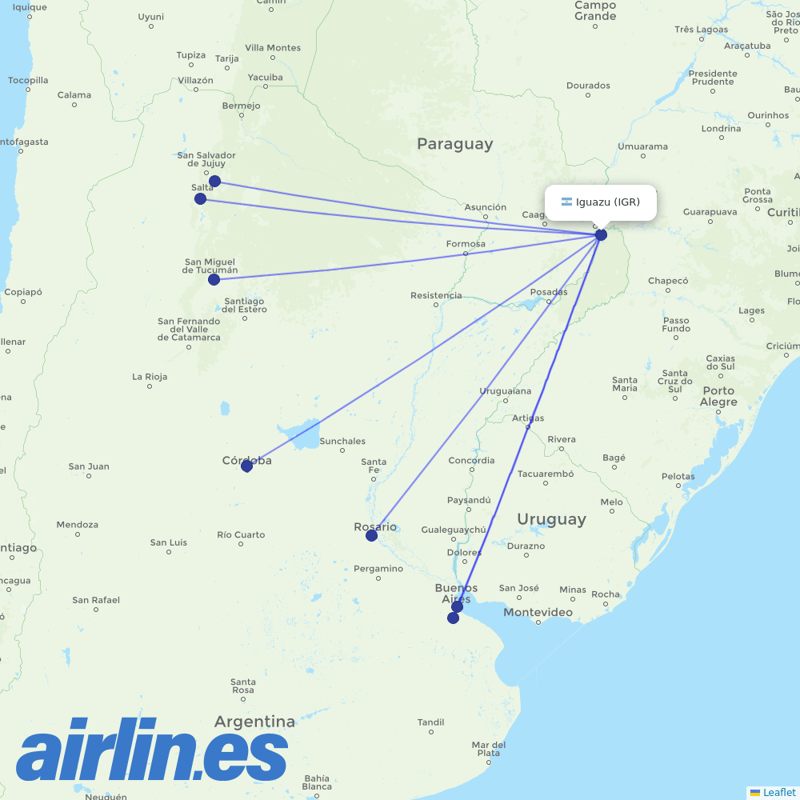Aerolineas Argentinas from Iguazu destination map