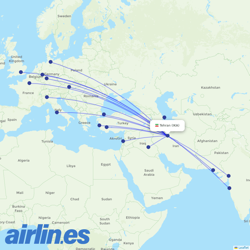 Iran Air from Imam Khomeini destination map