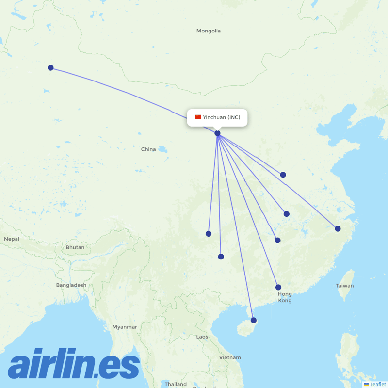 China Southern Airlines from Yinchuan Hedong International Airport destination map